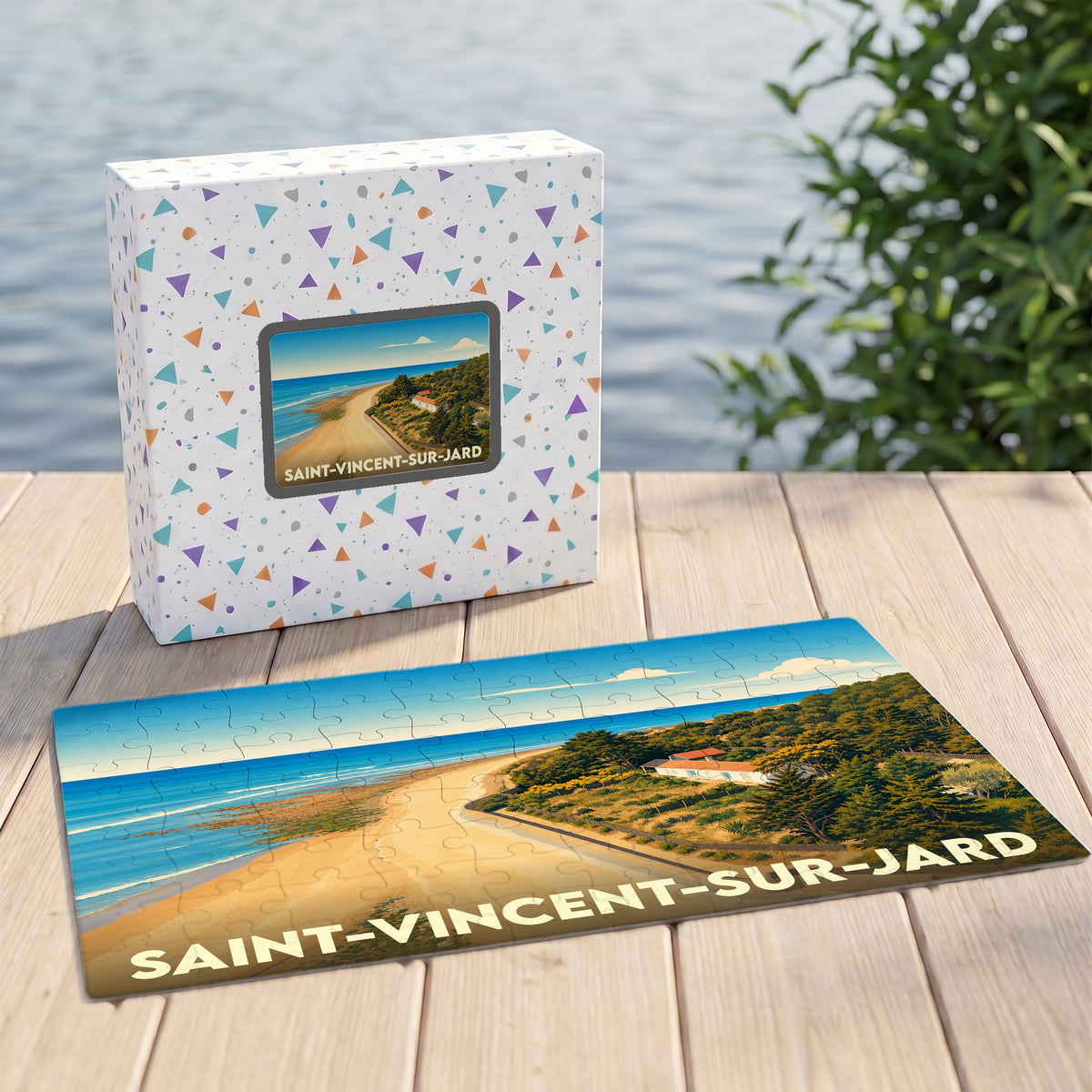 Puzzle souvenir de la ville de Saint-Vincent-sur-Jard avec une illustration stylisée du littoral.