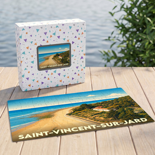 Puzzle souvenir de la ville de Saint-Vincent-sur-Jard avec une illustration stylisée du littoral.
