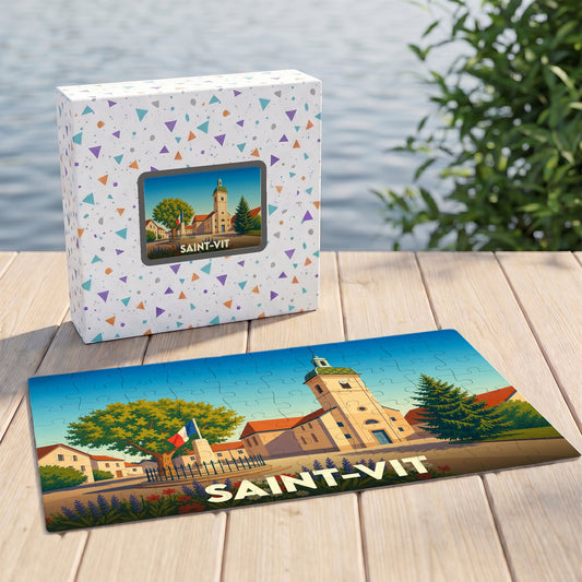 Puzzle souvenir de la ville de Saint-Vit avec une illustration colorée et stylisée.