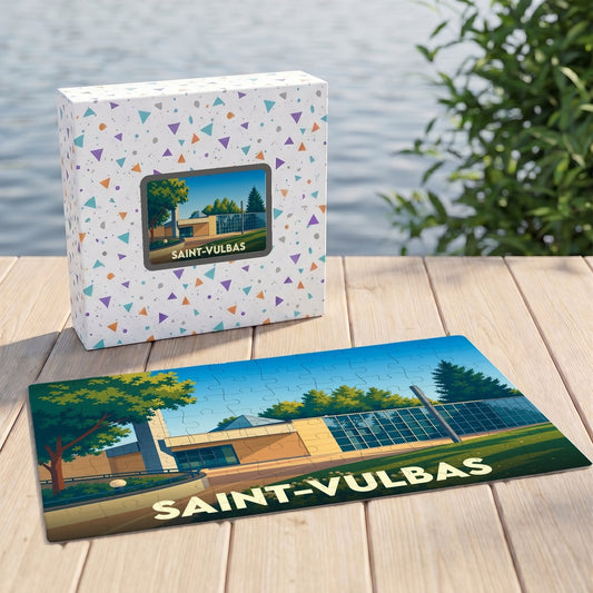 Puzzle souvenir de la ville de Saint-Vulbas avec une illustration stylisée et colorée.