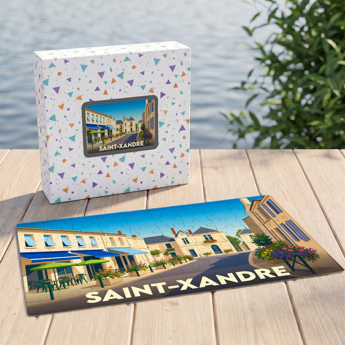 Puzzle souvenir de la ville de Saint-Xandre avec une illustration stylisée d'une rue ensoleillée.