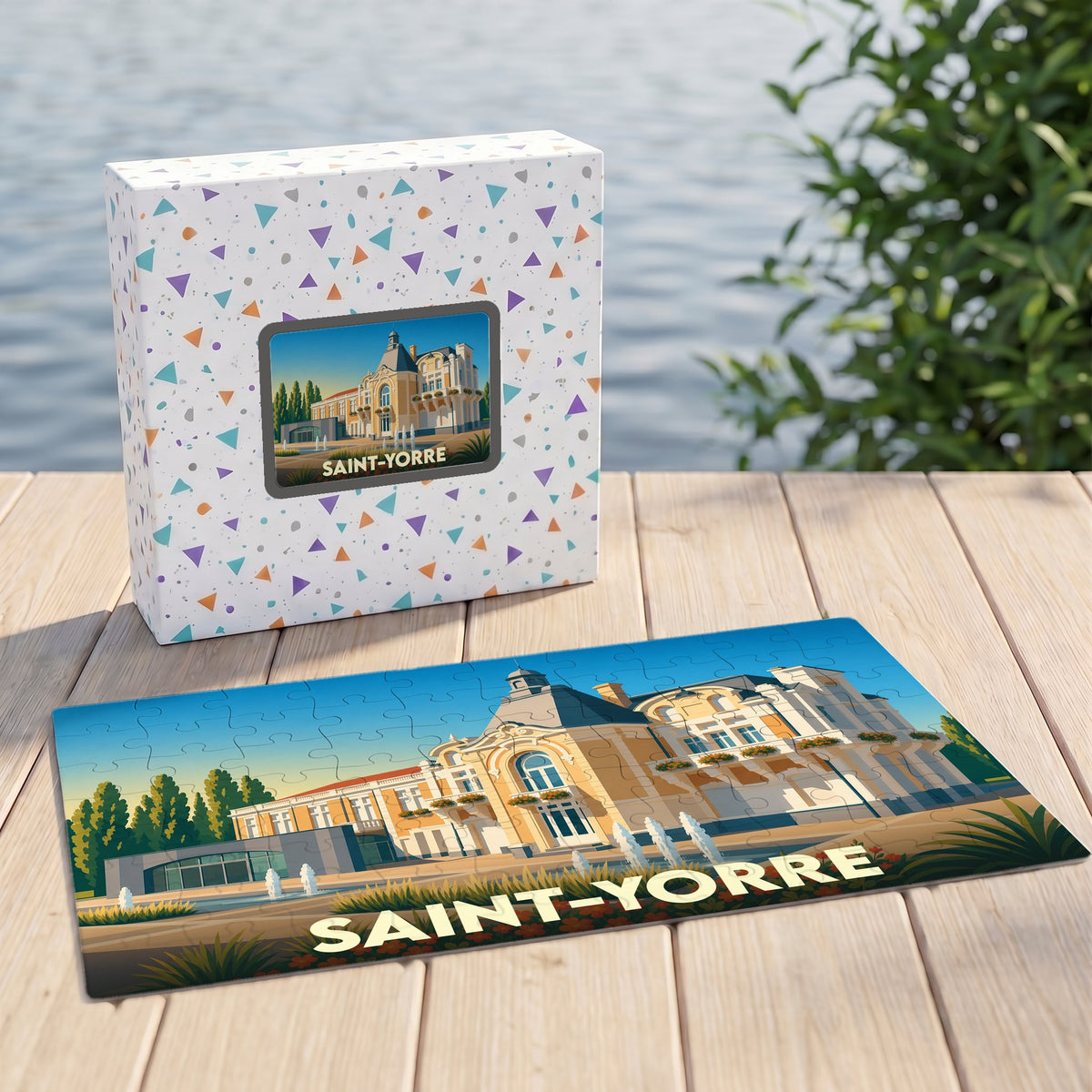 Puzzle souvenir de la ville de Saint-Yorre avec une illustration stylisée d'un bâtiment historique.