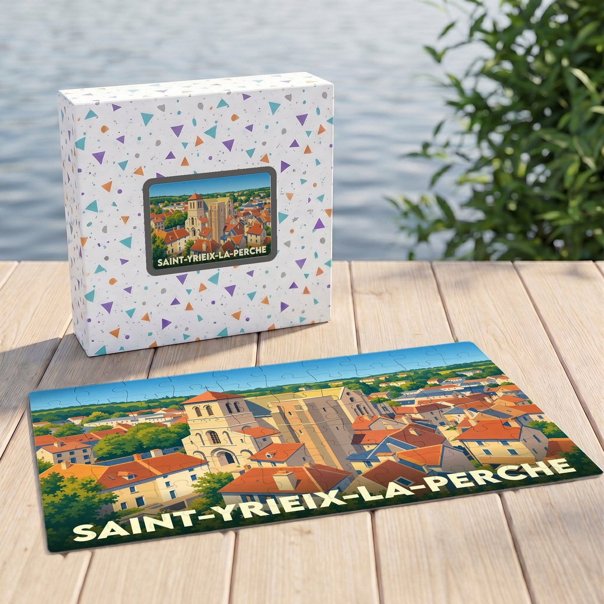 Puzzle souvenir de la ville de Saint-Yrieix-la-Perche avec une illustration panoramique stylisée.