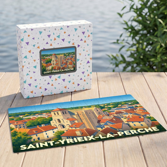 Puzzle souvenir de la ville de Saint-Yrieix-la-Perche avec une illustration panoramique stylisée.
