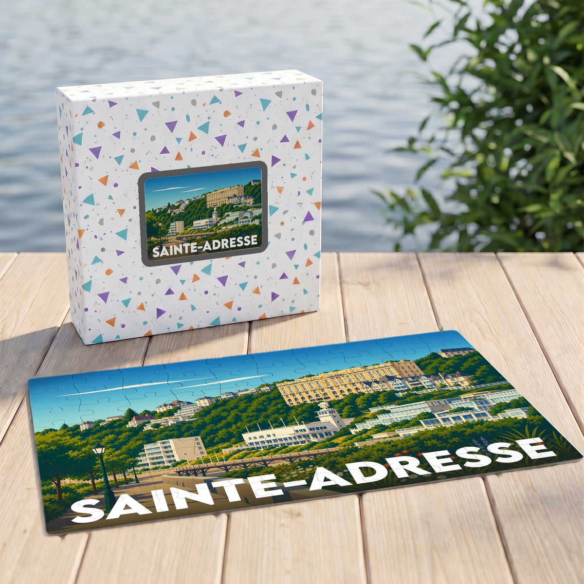 Puzzle souvenir de la ville de Sainte-Adresse avec une illustration stylisée du front de mer.