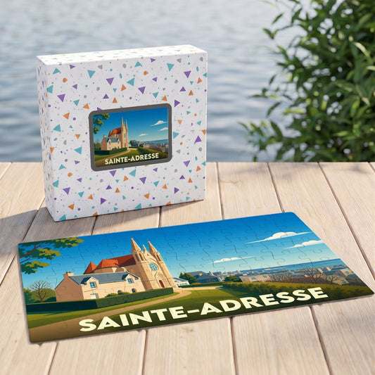 Puzzle souvenir de la ville de Sainte-Adresse avec une illustration stylisée d'une église sur la côte.