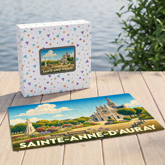 Puzzle souvenir de la ville de Sainte-Anne-d'Auray avec une illustration stylisée de sa basilique et de ses jardins.