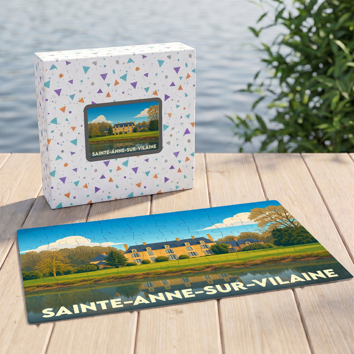 Puzzle souvenir de la ville de Sainte-Anne-sur-Vilaine avec une illustration stylisée d'un manoir au bord de l'eau.