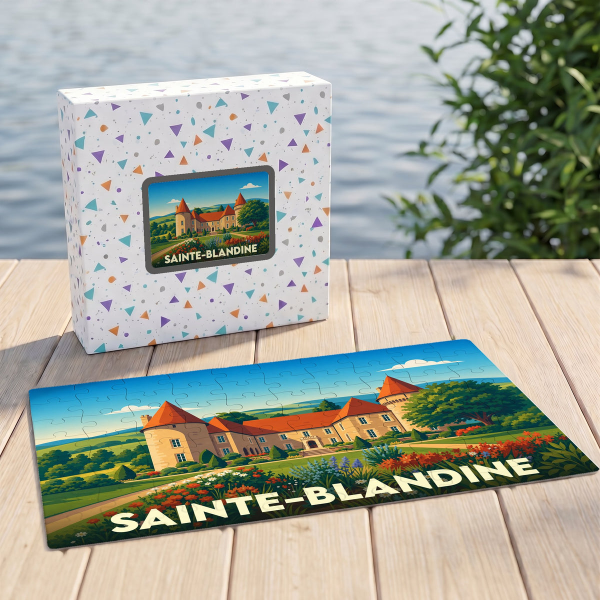 Puzzle souvenir de la ville de Sainte-Blandine avec une illustration colorée de son château.