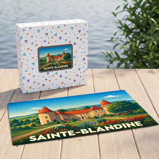 Puzzle souvenir de la ville de Sainte-Blandine avec une illustration colorée de son château.