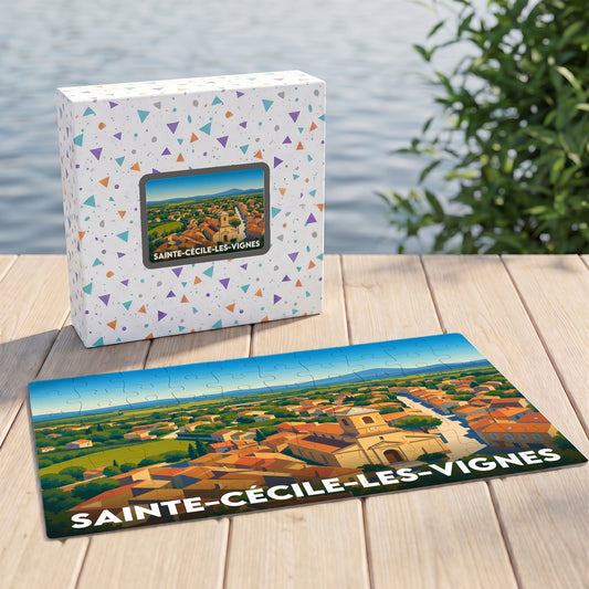 Puzzle souvenir de la ville de Sainte-Cécile-les-Vignes avec une illustration stylisée et colorée.