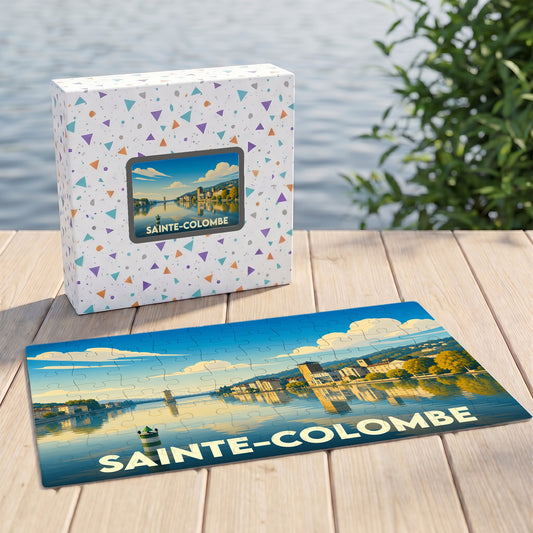 Puzzle souvenir de la ville de Sainte-Colombe avec une illustration stylisée.