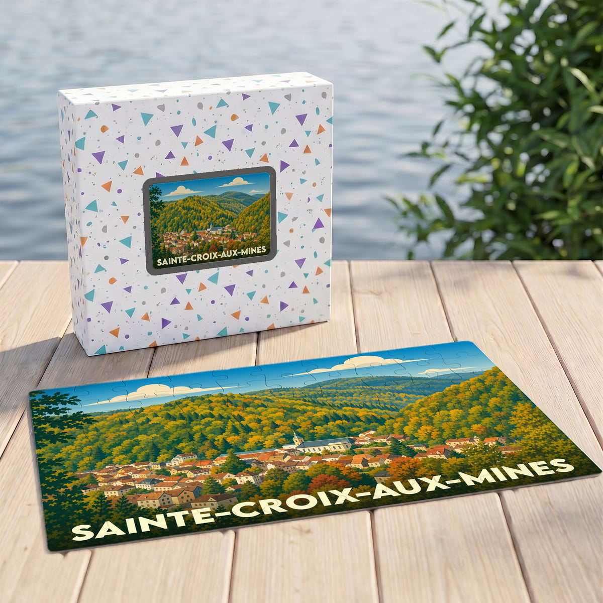 Puzzle souvenir de la ville de Sainte-Croix-aux-Mines représentant une vue panoramique illustrée de la commune nichée dans une vallée boisée.