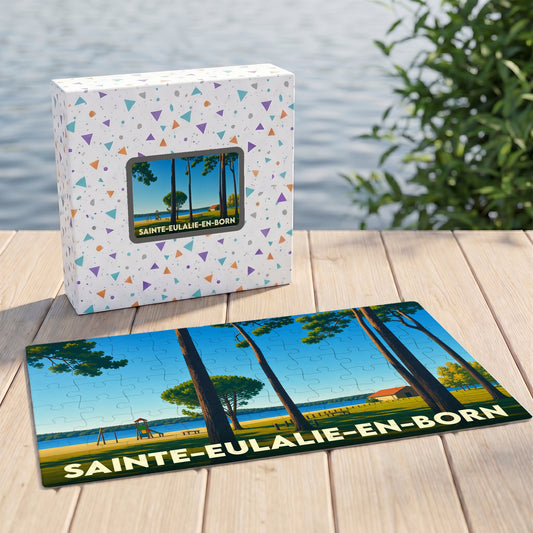 Puzzle souvenir de Sainte-Eulalie-en-Born représentant un paysage de lac et de pins dans un style illustré.