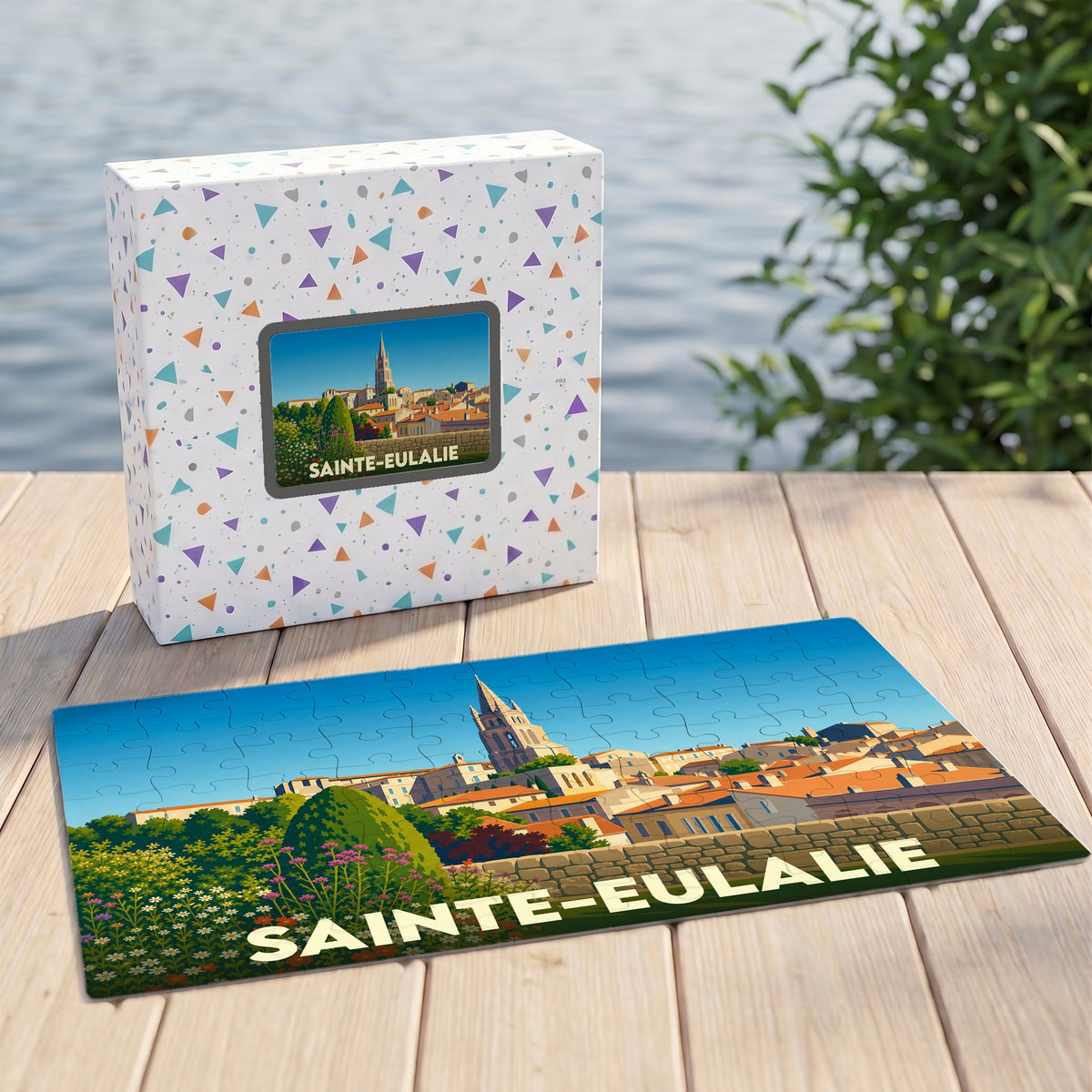 Puzzle souvenir de la ville de Sainte-Eulalie avec une illustration stylisée d'un paysage urbain.