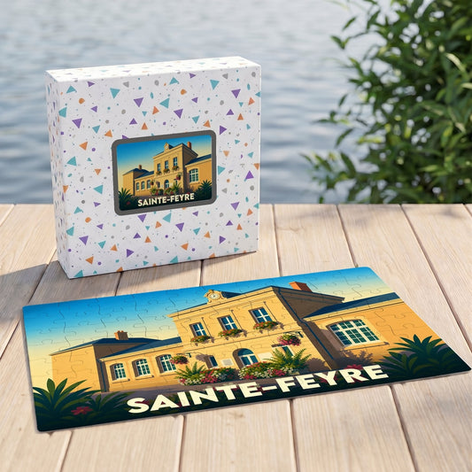 Puzzle souvenir de la ville de Sainte-Feyre représentant une illustration colorée de sa mairie.