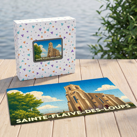 Puzzle souvenir de la ville de Sainte-Flaive-des-Loups avec une illustration stylisée de son église.