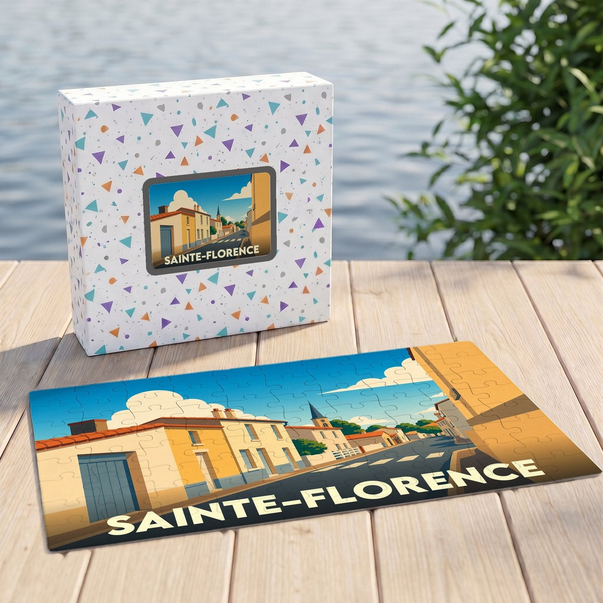 Puzzle souvenir de la ville de Sainte-Florence avec une illustration stylisée et colorée.