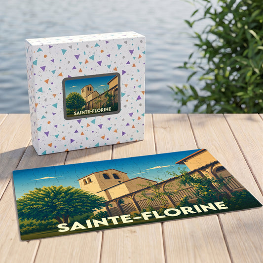 Puzzle souvenir de la ville de Sainte-Florine avec une illustration stylisée et colorée de son architecture.