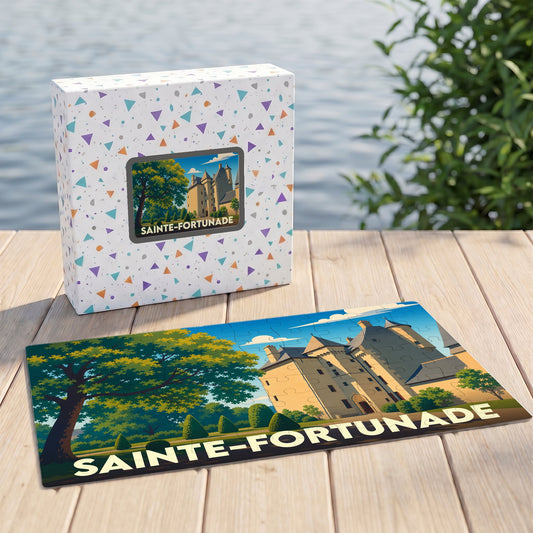 Puzzle souvenir de la ville de Sainte-Fortunade avec une illustration stylisée de son château.