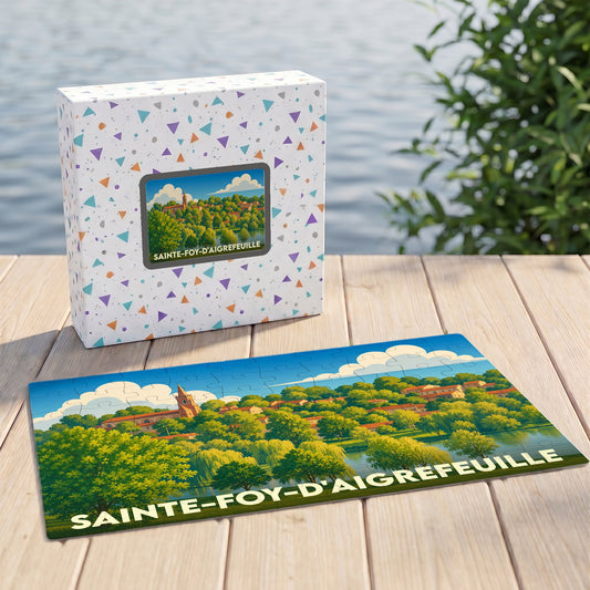 Puzzle souvenir de la ville de Sainte-Foy-d'Aigrefeuille avec une illustration stylisée et colorée du paysage local.