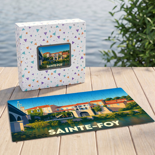 Puzzle souvenir de la ville de Sainte-Foy avec une illustration stylisée d'un paysage fluvial.