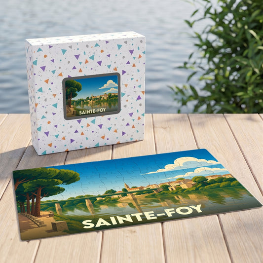 Puzzle souvenir de la ville de Sainte-Foy avec une illustration stylisée d'un paysage de bord d'eau.