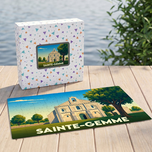 Puzzle souvenir de la ville de Sainte-Gemme avec une illustration stylisée d'une église.