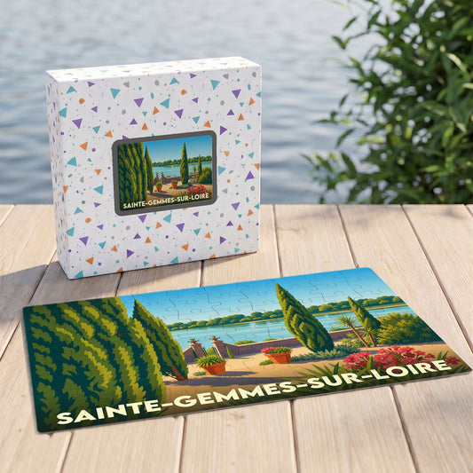 Puzzle souvenir de la ville de Sainte-Gemmes-sur-Loire avec une illustration stylisée d'un jardin en bord de fleuve.
