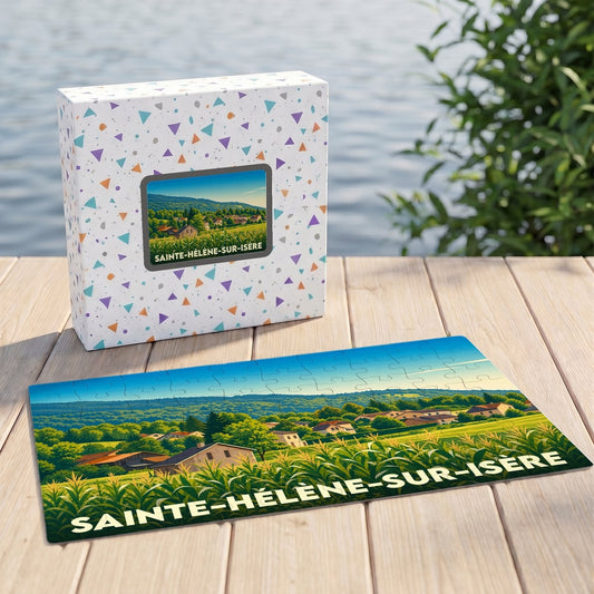 Puzzle souvenir de la ville de Sainte-Hélène-sur-Isère avec une illustration paysagère stylisée.