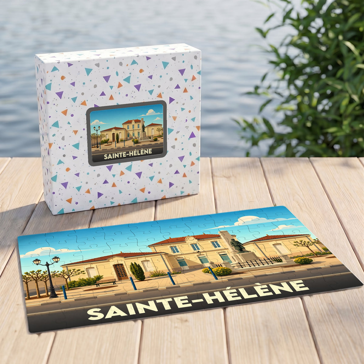 Puzzle souvenir de la ville de Sainte-Hélène avec une illustration stylisée et sa boîte assortie.