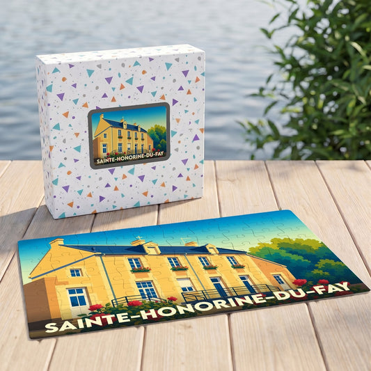 Puzzle souvenir de la ville de Sainte-Honorine-du-Fay avec une illustration stylisée.