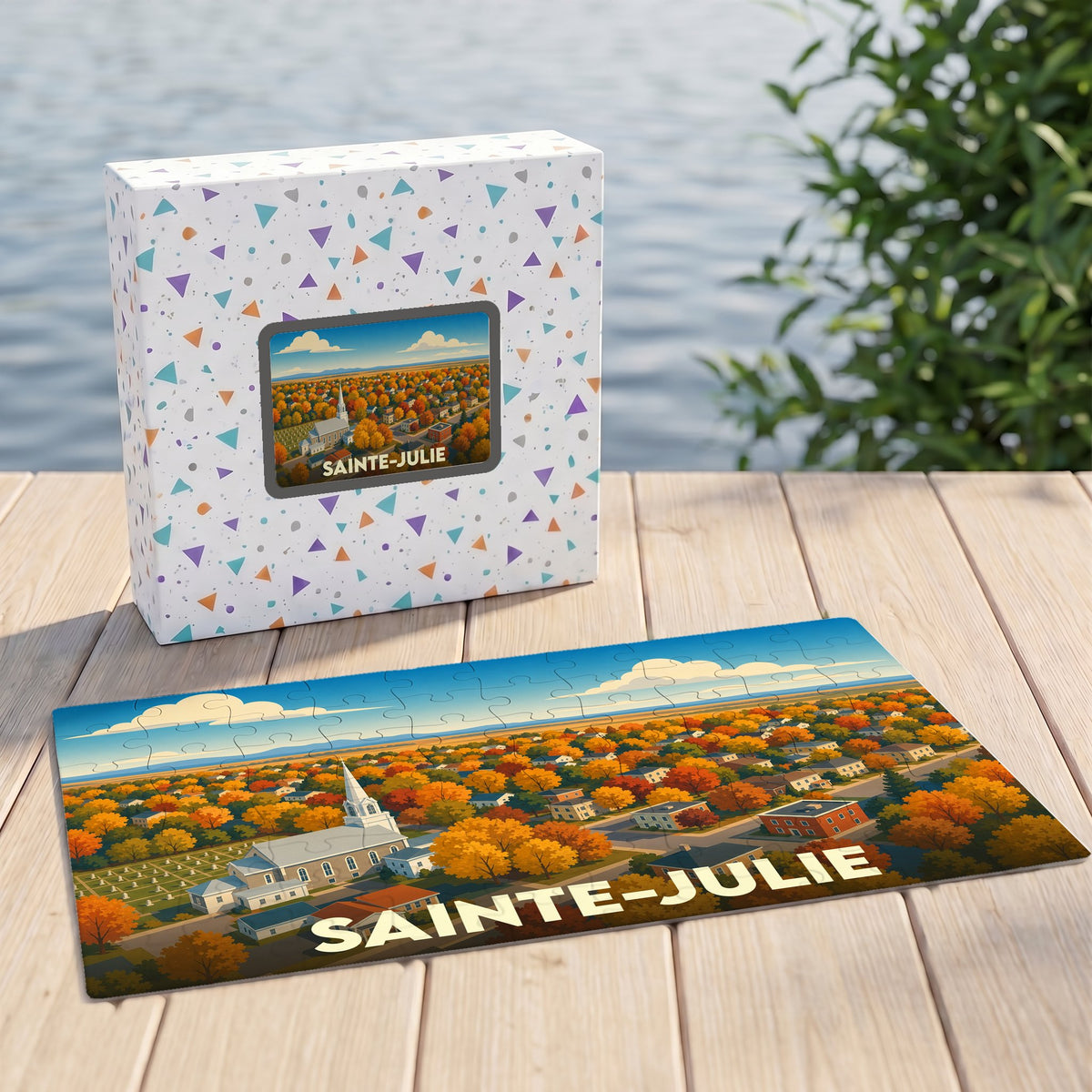Puzzle souvenir de la ville de Sainte-Julie représentant un paysage automnal illustré.