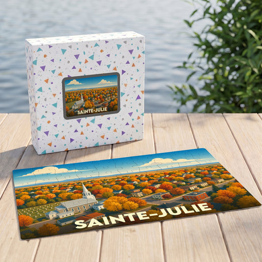 Puzzle souvenir de la ville de Sainte-Julie représentant un paysage automnal illustré.