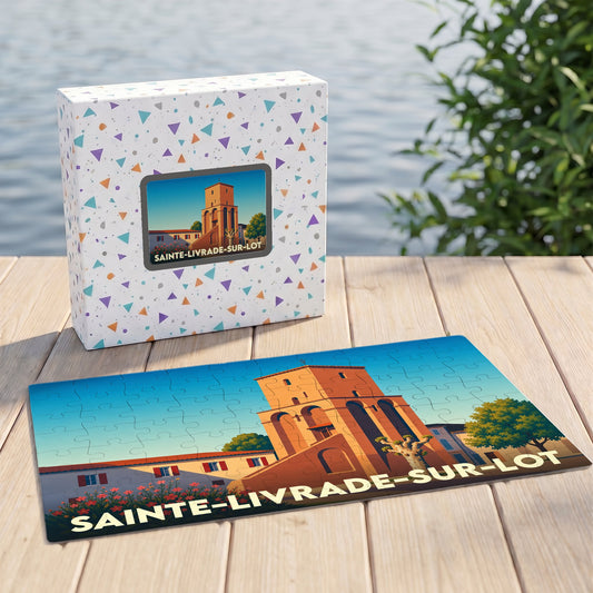Puzzle souvenir de la ville de Sainte-Livrade-sur-Lot avec une illustration stylisée de son église.