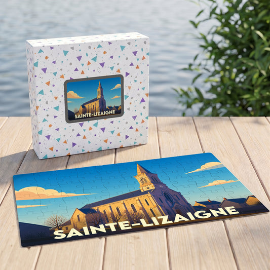 Puzzle souvenir de la ville de Sainte-Lizaigne avec une illustration stylisée d'une église.