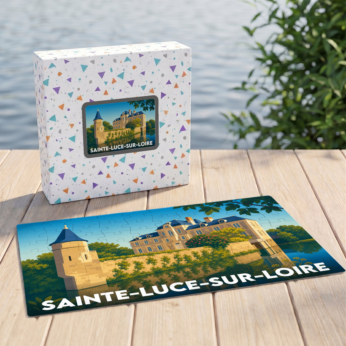 Puzzle souvenir de la ville de Sainte-Luce-sur-Loire avec son coffret illustré d'un château en bord d'eau.