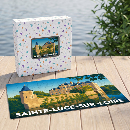 Puzzle souvenir de la ville de Sainte-Luce-sur-Loire avec son coffret illustré d'un château en bord d'eau.