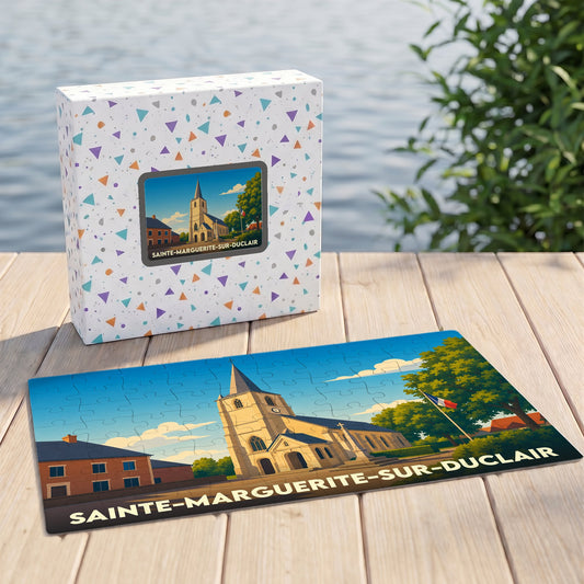 Puzzle souvenir de la ville de Sainte-Marguerite-sur-Duclair avec une illustration stylisée de son église.