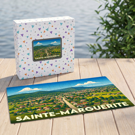Puzzle souvenir de la ville de Sainte-Marguerite avec une illustration panoramique stylisée.