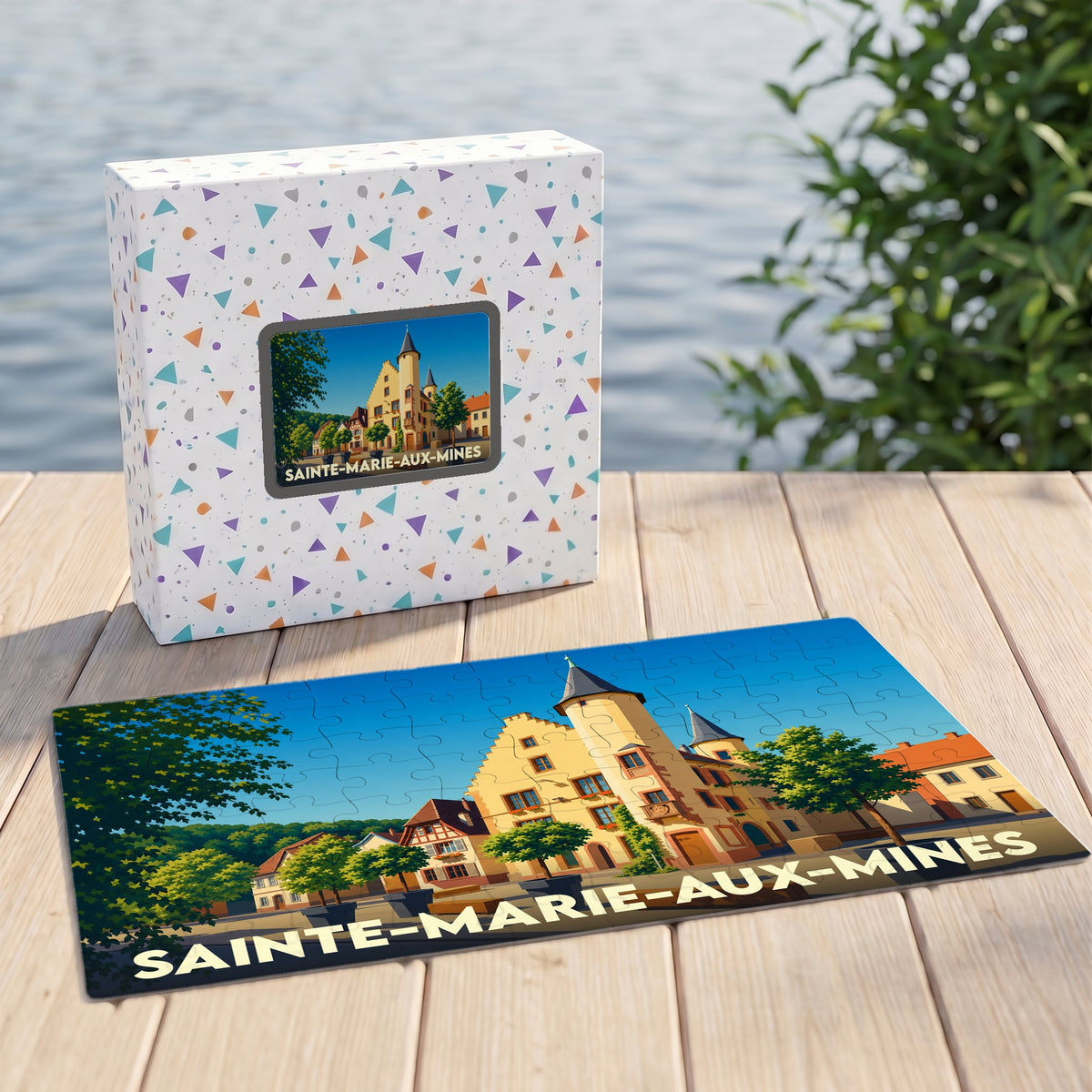 Puzzle souvenir de la ville de Sainte-Marie-aux-Mines avec une illustration stylisée de son architecture.