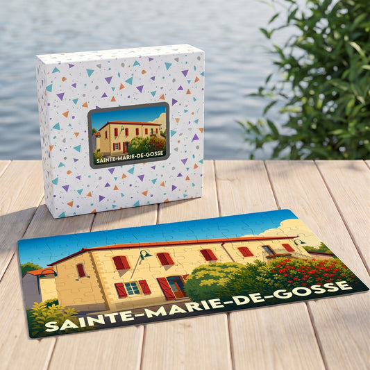 Puzzle souvenir de la ville de Sainte-Marie-de-Gosse avec une illustration stylisée d'une bâtisse traditionnelle.