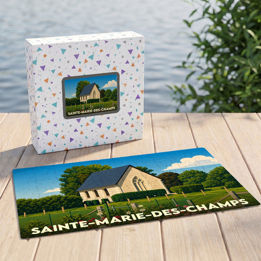 Puzzle souvenir de la ville de Sainte-Marie-des-Champs avec une illustration stylisée de sa chapelle.