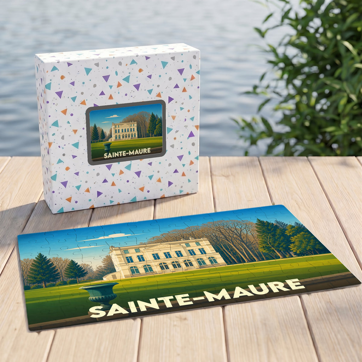 Puzzle souvenir de la ville de Sainte-Maure avec une illustration stylisée d'un domaine arboré.