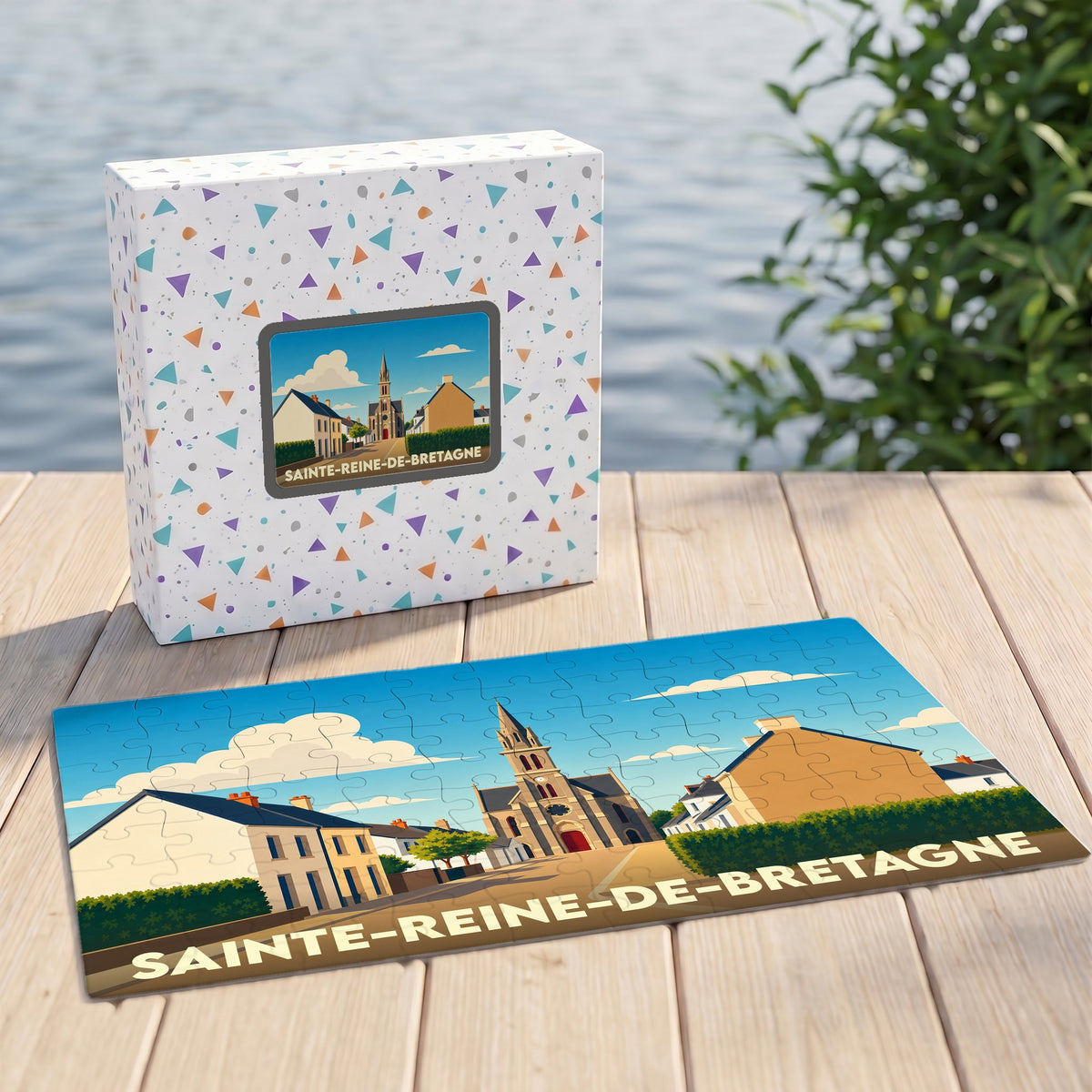 Puzzle souvenir de la ville de Sainte-Reine-de-Bretagne avec une illustration stylisée.