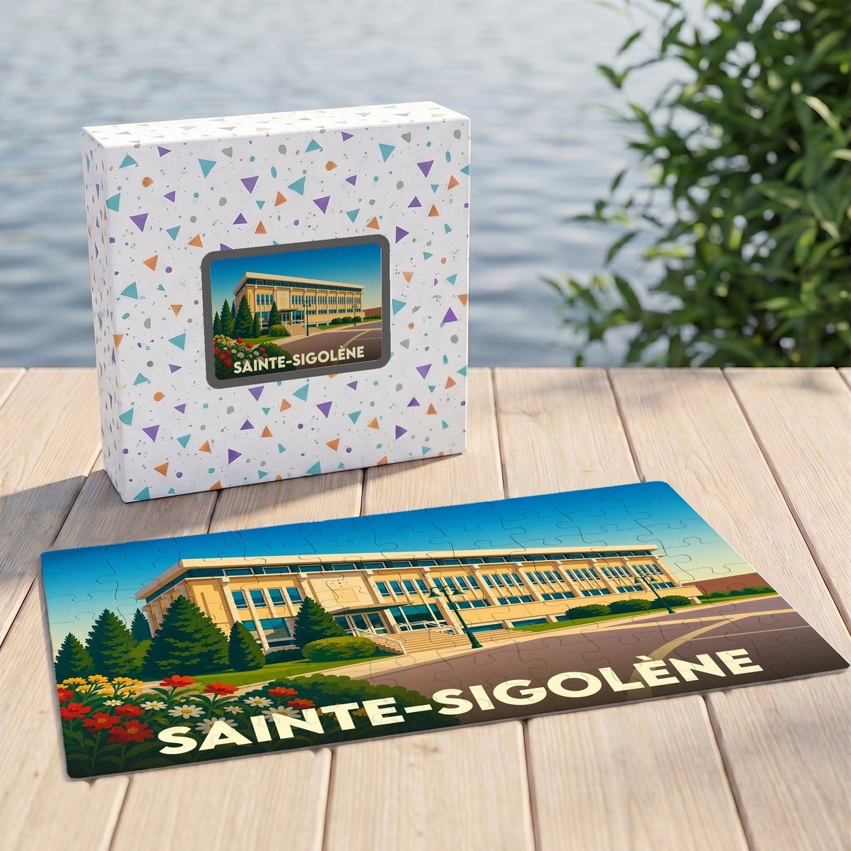Puzzle souvenir de la ville de Sainte-Sigolène avec une illustration stylisée d'un bâtiment municipal.