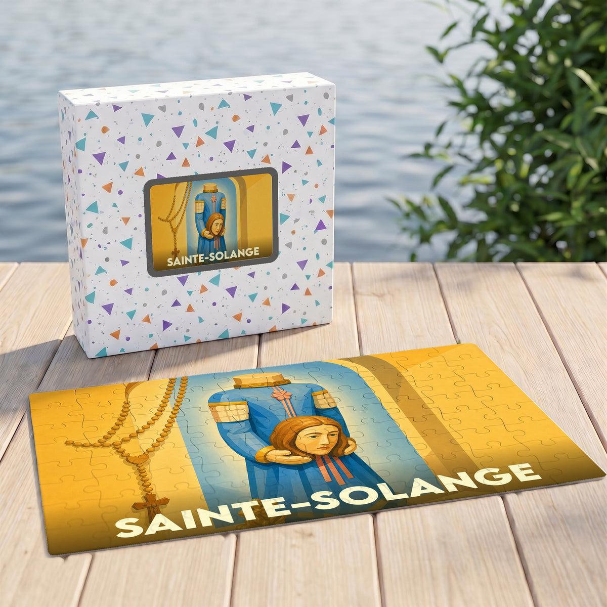 Puzzle souvenir de la ville de Sainte-Solange représentant la sainte tenant sa propre tête.
