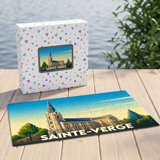 Puzzle souvenir de la ville de Sainte-Verge avec une illustration stylisée d'une église.
