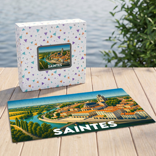 Puzzle souvenir de la ville de Saintes avec une illustration panoramique stylisée.