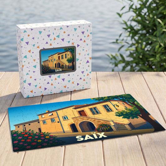 Puzzle souvenir de la ville de Saïx avec une illustration stylisée d'un bâtiment ensoleillé.